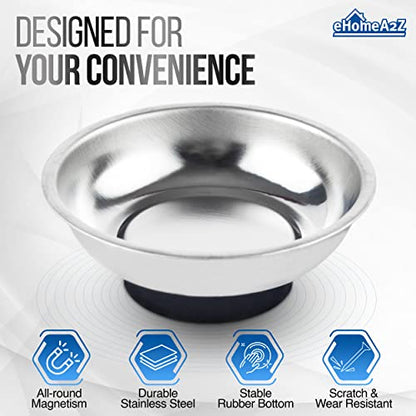 Magnetic Tray 3-Piece Set, Round Stainless Steel Magnetic Parts Trays for Screws, Nuts, Bolts, Pins and Small Tools, Magnetic Bowls for Garage, Workshop and Automotive Repair