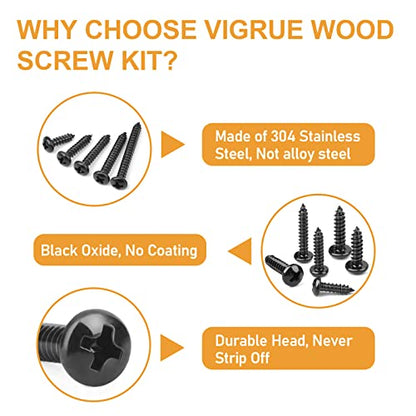 VIGRUE 260PCS #6#8 Black Wood Screw Assortment Kit, 304 Stainless Steel Pan Head Self Tapping Screws, Black Oxide - style: 260PCS #6#8Stainless Steel Black Pan Head
