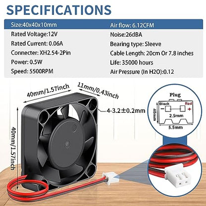 Wathai 4Pack 12 Volt 40mm 4010 DC Brushless Cooling Fan 12V 2Pin 40X40X10mm | Small DC fan for DVR and 3D Printer Hotend Extruder or DIY Small Appliances Series Repair Replacement - style: 12V 2P Sleeve