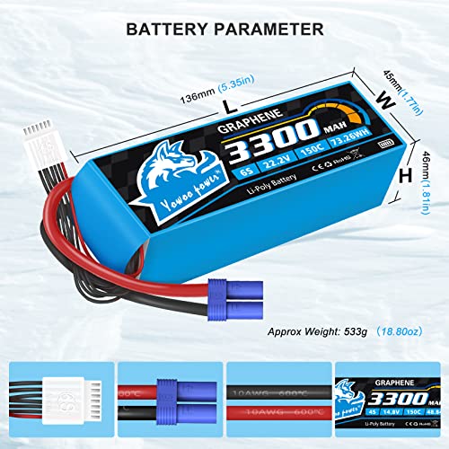 Yowoo 6S 22.2V 3300mAh 150C Graphene LiPo Battery EC5 | Fits Align Trex 500-550, Goblin 500/630, Gaui Helis, RC Cars, Boats, Trucks and Quadcopters