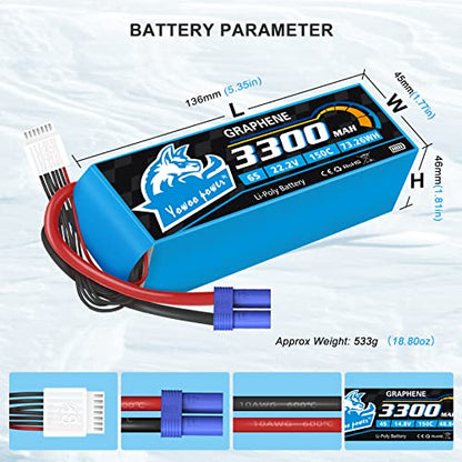Yowoo 6S 22.2V 3300mAh 150C Graphene LiPo Battery EC5 | Fits Align Trex 500-550, Goblin 500/630, Gaui Helis, RC Cars, Boats, Trucks and Quadcopters