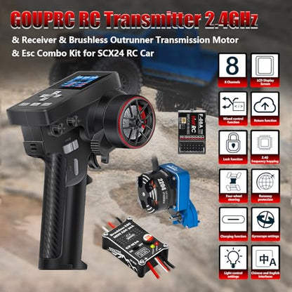 GOUPRC Racing RC Transmitter 8 Channels 2.4GHz and Receiver with 2204 2400KV Brushless Outrunner Transmission Motor & 30A Brushless Esc for SCX24 RC Crawler Axial 1/24 RC Car Crawler Blue - color: Blue
