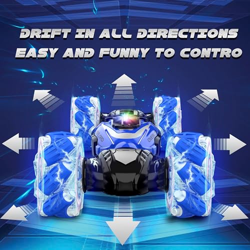 Gesture Sensing RC Stunt Car, Hand Controlled Remote Control Twist Cars | 4WD Remote Control Car with Lights, Music & Spinning Stunt, Birthday Toy Gift for Kids Boys Girls Age 6 7 8 9 10 11 12 - color: Blue