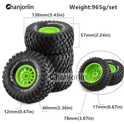 1/7 RC Short Course Truck Tires and Wheels 17mm Hex OD 5.43" 1/8 All Terrain Off Road Tyres with Foam Insert for 1:7 RC Buggy Monster Truck Car TRAXXAS UDR 85086-4 4PCS (Green) - color: Green