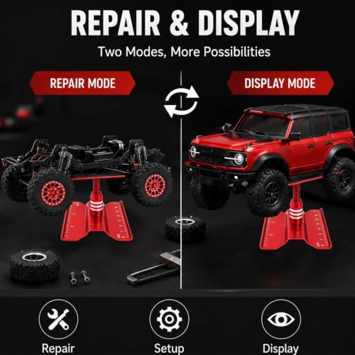 RC Car Repair Stand for 1/18 1/24 RC Cars, Aluminum Rotating Lift | Aluminum alloy, 360 degree rotating lift with magnetic pad, scale ruler, shock holes and anti-slip feet - color: Red