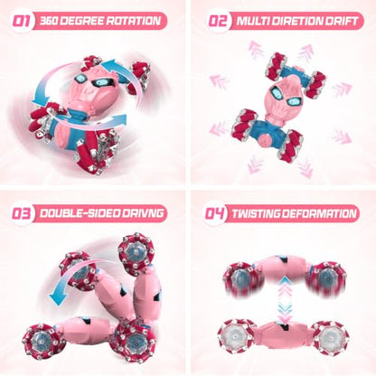 Pink Rc Gesture Sensing Stunt Car Toys for Girls 3 4 5 6 7 8 9 10 1112 Years Old, Drift Hand Control Remote Control Cars with Light & Music, 4WD 360°Rotation Double Side Cars Birthday Gifts for Kid - color: Pink