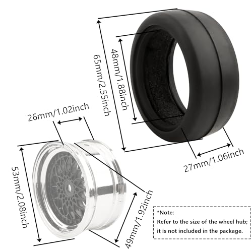 4-Pack 1/10 Scale RC On-Road Soft Tires 65mm Rubber Slick Wheels Tyres with Foam Insert Compatible with Traxxas 4Tec 2.0 Tamiya TT01 XV01 Kyosho WR8 Sakura WLtoys HPI Touring Car