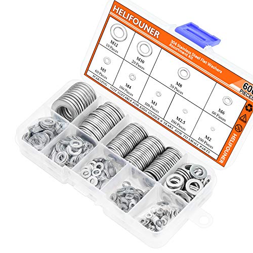 HELIFOUNER 600 Pieces 9 Sizes 304 Stainless Steel Flat Washers Assortment Kit (M2 M2.5 M3 M4 M5 M6 M8 M10 M12) - size: M2-M12 Assortment
