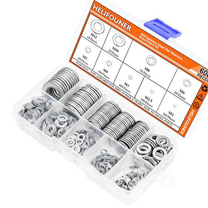 HELIFOUNER 600 Pieces 9 Sizes 304 Stainless Steel Flat Washers Assortment Kit (M2 M2.5 M3 M4 M5 M6 M8 M10 M12) - size: M2-M12 Assortment