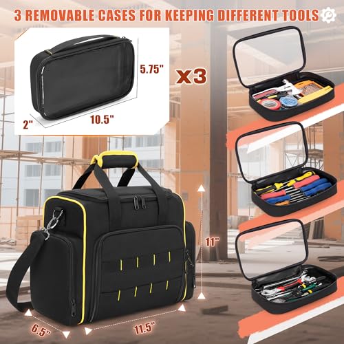Marscamd Tool Bag with 3 Removable Cases, 2 Layers Tool Tote for Hand Tools | with Front Molle Straps & Detachable Shoulder Strap, Black with Yellow Binding - color: Black with Yellow Binding
