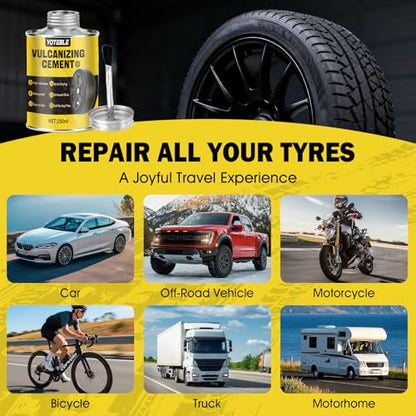 Vulcanizing Cement, Waterproof & Fast Dry Formula for Rubber, 250ml | Tire Repair Glue with Brush, Long-lasting, Heavy Duty Rubber Cement Glue for Motorcycle, Bike, Car and Any Rubber Material