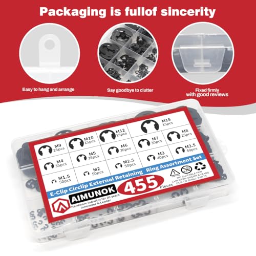 455Pcs E-Clip External Retaining Rings Snap Rings Assortment Set, High Carbon Steel C-Clip Kit, 14 SAE Sizes Circlip Snap Rings M1.5- M15 - size: 455pcs E-clip Carbon Steel