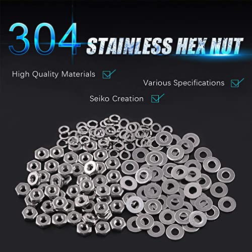 Swpeet 150Pcs Metric 304 Stainless Steel M2.5 Hex Nuts, Flat Washers, and Split Lock Washers Assortment Kit - Coarse Thread Hexagon Nut for Home Automotive Shop Use - size: M2.5 Hex Nuts & Washers