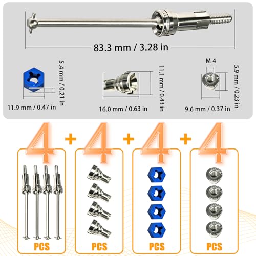 Hardened Steel CVD Driveshaft Front Rear with Hexs, Nuts, Drive Center Cup, Drivershaft Dogbone CVD Compatible with ARRMA 1/18 Mojave Granite GROM ARA2102, Replace #ARA311198 (Silver,Blue) - color: Silver-blue