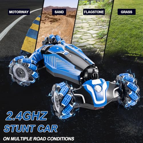 Remote Controlled Gesture Stunt Car,give for 5-12 Kids Birthday Gift | 4WD Drive Hand Remote Control car with 360° Flipping with Light and Music, Children's toys for boys and girls aged 5-12 - color: Deep Blue