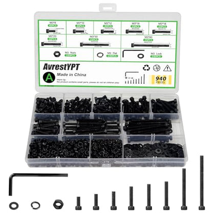 940PCS M3 Screws Assortment Kit, M3x8/10/12/16/18/20/30/40 mm Hex Socket Head Bolts, Nuts & Washers Assorted Set - 12.9 Alloy Steel Black Zinc Plated M3 Screw for 3D Printer,DIY - size: M3x8/10/12/16/18/20/30/40-940Pcs