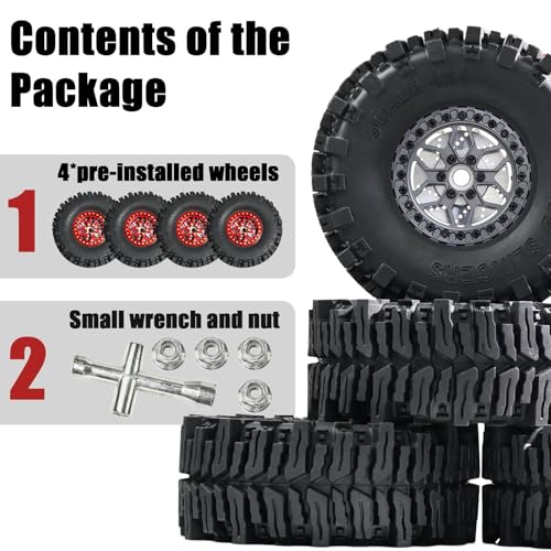 2.2" RC Mud Terrain Wheel Tire with Brake Discs for 1/10 RC Crawler - 12mm Hex, 9.5mm Offset Aluminum Wheel - Aggressive Huge Lug Tire for Mud Slinging - Fit for SCX10 TRX4 TRX6 Gen8 VS4-10 - color: Red
