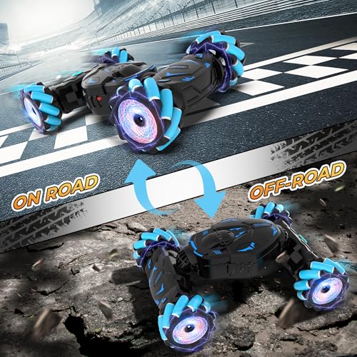 RC Stunt Cars Gesture Sensing Remote Control Car for Boys Gifts Toys, Blue | 2.4Ghz Hand Controlled Car with Lights Music Sprayer, 360° Rotation, Drift, 4WD Off-Road, Birthday Xmas Gifts Toys for Kids - color: Blue