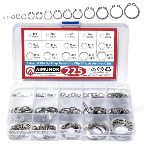 225Pcs External Retaining Rings Snap Rings Assortment Kit, 304 Stainless Steel External C-Clip Set, 15 Sizes Circlip Snap Rings M3 - M25 - size: 225pcs C-clip stainless steels