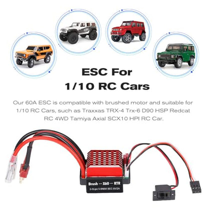 HUIOP 540 Brushed Motor RC Crawler Motor 55T 3-Slot and 60A ESC RC Car ESC Brushed Electric Speed Controller 6V/2A BEC for 1/10 RC Car
