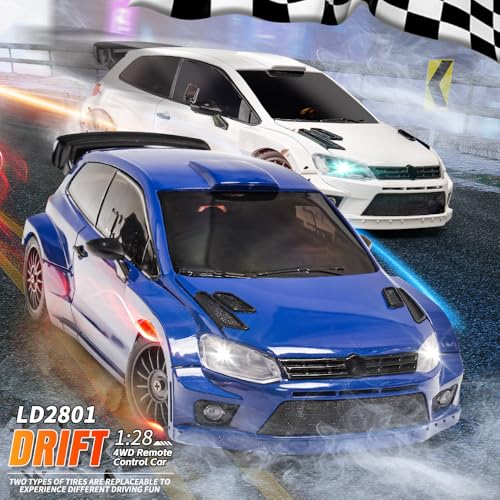 LDRC 2801 1/28 Mini RC Drift Car GTR 2.4GHz 4WD RTR with 4PCS Drift Tires Racing Radio Control Cars (Blue) - color: Blue