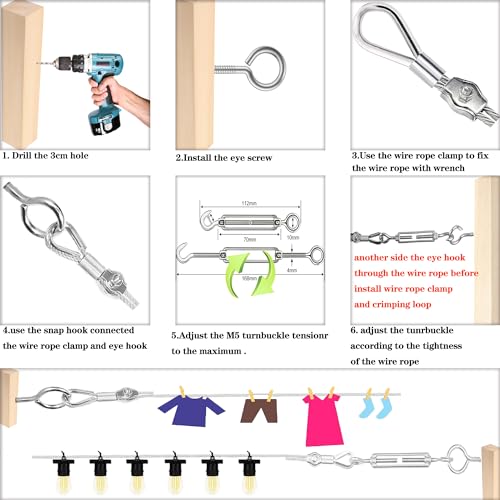 1/8" Stainless Steel Cable,1/8" Wire Rope,M5 Turnbuckle Kit,165FT Wire Tensioner for String Light Hanging Kit,Aircraft Cable,Guy Wire,Stainless Steel Wire Rope Kit - size: 50M Wire Rope