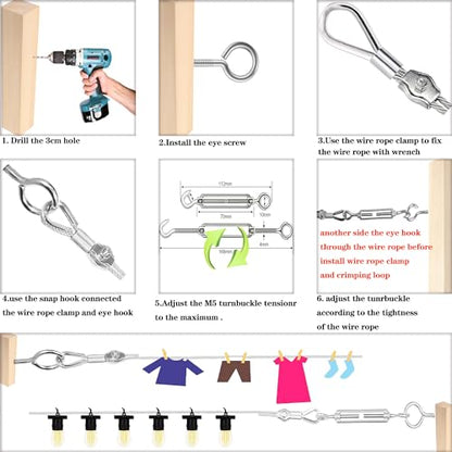 1/8" Stainless Steel Cable,1/8" Wire Rope,M5 Turnbuckle Kit,165FT Wire Tensioner for String Light Hanging Kit,Aircraft Cable,Guy Wire,Stainless Steel Wire Rope Kit - size: 50M Wire Rope