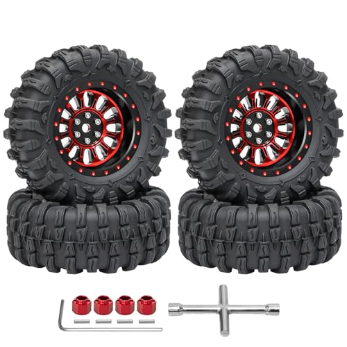LRFHL 1.3" Beadlock Wheel Tires Aluminum for SCX24 TRX4M, 4PCS, Red | Upgraded 1.45-inch Wheel, 1/24 SCX24 1/18 TRX4M RC Crawler Car Upgrade - color: Black Tires+ Red Wheels-3
