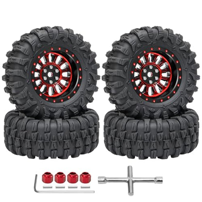 LRFHL 1.3" Beadlock Wheel Tires Aluminum for SCX24 TRX4M, 4PCS, Red | Upgraded 1.45-inch Wheel, 1/24 SCX24 1/18 TRX4M RC Crawler Car Upgrade - color: Black Tires+ Red Wheels-3