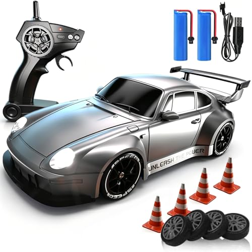 1:20 Scale RC Drift Car 4WD 2.4GHz Remote Controlled Racing Car LED Lights and Tyres Designed Specifically for Racing and Drifting Comes with 2 Batteries Suitable for Beginners (Silver) - color: 28-silver