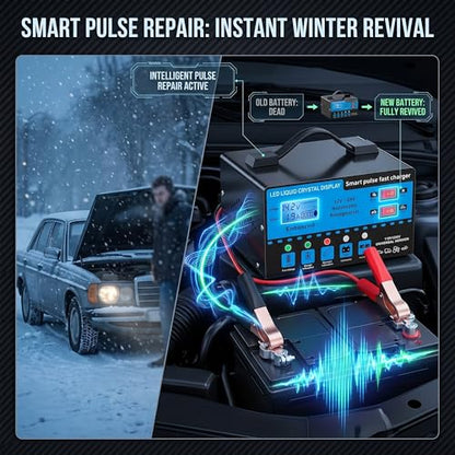 12V/24V Smart Car Battery Charger with LCD Display, Automatic Battery Maintainer & Trickle Charger, Temperature Compensation, Overcharge Protection for Cars, Trucks, SUVs & Motorcycles