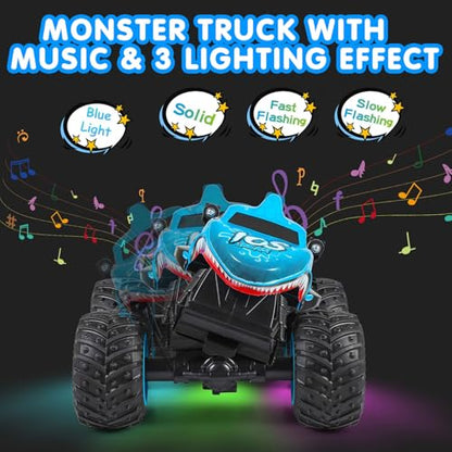 DYODYORC Remote Control Car, 2.4Ghz All Terrain Shark Monster Truck Toys, RC Truck with Music, 3 Lighting Effects, 360 Stunt Capable, 2 Batteries Ready to Run, Toy Gifts for Boys and Girls (Blue) - color: Blue Shark