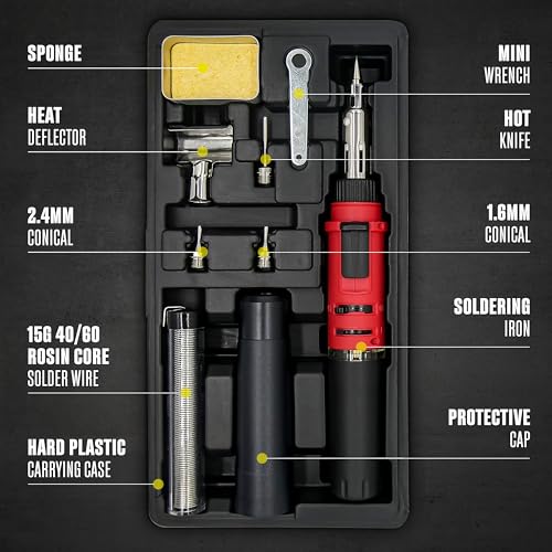 Berkling BSG-568 Cordless Butane Soldering Iron Kit, 5 Tips & Solder Wire | 3-in-1: Soldering Iron, Heat Gun & Torch, Self-Igniting, Adjustable Flame, 90-Min Runtime, Case, Wrench & Sponge Included