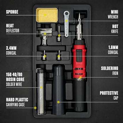 Berkling BSG-568 Cordless Butane Soldering Iron Kit, 5 Tips & Solder Wire | 3-in-1: Soldering Iron, Heat Gun & Torch, Self-Igniting, Adjustable Flame, 90-Min Runtime, Case, Wrench & Sponge Included