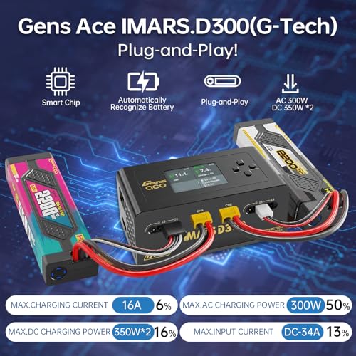 Lipo Battery Charger, Gens Ace Charger IMARS D300 G-Tech Series Smart Dual Lipo Balance Charger AC 300W DC 700W (350W*2) 16A RC Battery Charger for 1s~6s Lipo Batteries Life NiCd MH LiHV (Black) - color: Black