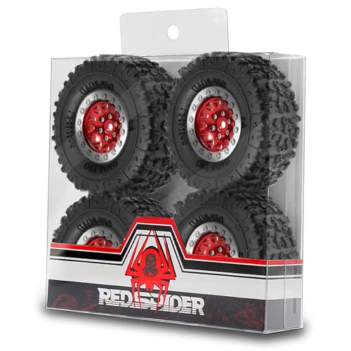 REDSPIDER 1.3 Aluminium Alloy Beadlock Wheels and Crawler Tires 1/24 RC Muddy Swamp Tyre 7mm Hex Fit for 1/18 1/24 Axial Trx4m SCX24 AX24 FCX24 RC Crawler XC-1 RTR CR-18P EVO (Red) - color: Red