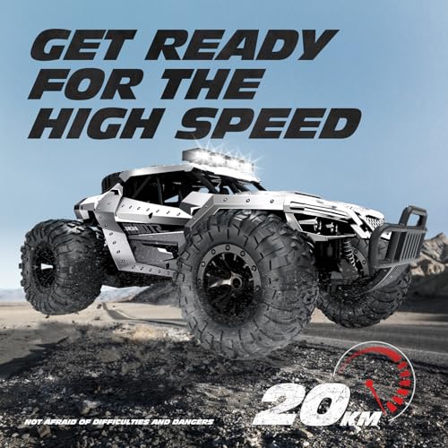 Tecnock RC Car 1/16 Scale Remote Control Car for Boys, High Speed 20 Km/h All Terrains Rc Monster Truck with Two Rechargeable Batteries & Head Chassis Lights Gift Toy for Kids Adults, Silver - color: Silver