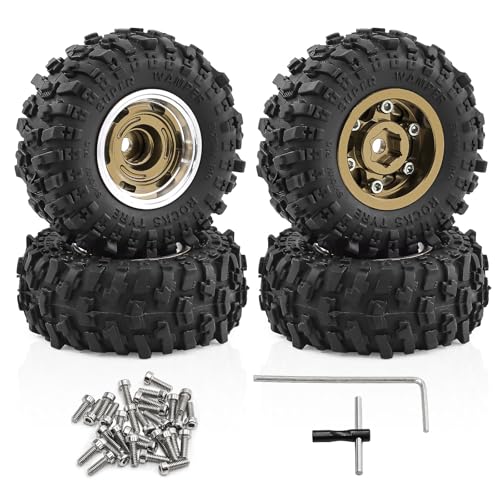 1.0" Beadlock Aluminum Wheels and 51mm Soft Rubber Tires | for SCX24, TRX4M, Ascent 18, FCX24, 1/18 1/24 RC Crawler, 7mm Hex, 0mm Offset, with Foam Inserts, (Bronze 105) - color: Bronze 105