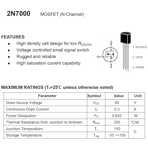 2N7000 Mosfet Transistor TO-92 N-Channel Feld Effect Transistor 200mA 60V (Pack of 100pcs) - style: 2N7000