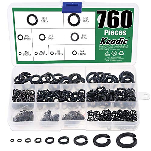 Keadic 760Pcs Spring Lock Washer Assortment Kit Black Zinc Plated Alloy Steel, 9 Sizes - M2 M2.5 M3 M4 M5 M6 M8 M10 M12 - color: Zinc Plated Lock Washer - 760Pcs