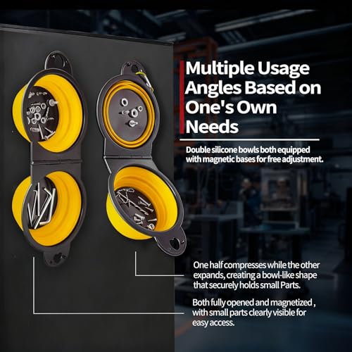 Magnetic Trays, Magnetic Bowl for Screws, Magnetic Tool Tray (yellow2.0) | Collapsible Magnetic Tool Tray, Integrated 5.1" Round Dual Silicone Bowls, Upgraded Version, Bonus Hook for On-the-Go Carry - style: yellow2.0