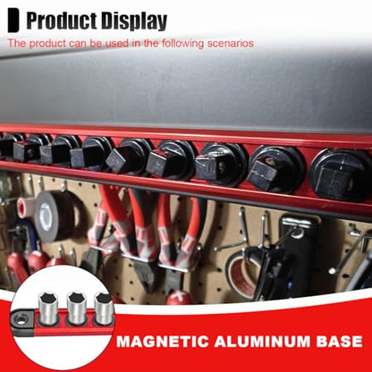 Magnetic Socket Organizer, 1/2" Heavy Duty Aluminum Metric & SAE Socket Rail Organizer, 360° Swivel Clips Socket Holder, Automotive Garage Drive Socket Tray Tool Holds 12 Sockets (1/2) - size: 1/2