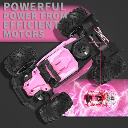 Carox Remote Control Car, 2.4GHz 25KM/H High Speed RC Car, 1:18 Off-Road Monster Truck with LED Lights Rechargeable Battery – Ideal Gift for Boys 6+ - color: Pink