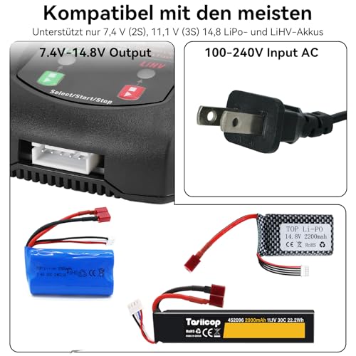 LiPo Battery Charger - 2S 3S 4S RC Car Batteries Balance Chargers 18W 2A for LiPo(7.4-14.8V) LiHV(8.7-17.4V) with XH3P XH4P XH5P Plug for RC Battery Boat Airplane Truck Quadcopter Airsoft