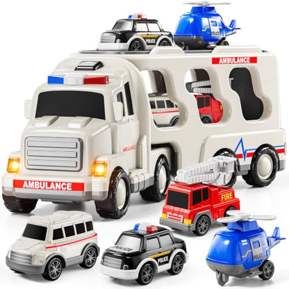 JUKUDAHU 5-in 1 Play Ambulance Toy Vehicle Toddler Truck Toys for 3 4 5 6 7 Year Old Boys - Friction Powered Cars with Light and Sound, Police Car, Fire Truck, Ambulance Car, Birthday Gifts for Kids - style: 5 IN 1 Ambulance Truck