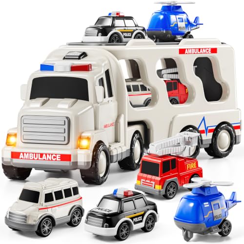JUKUDAHU 5-in 1 Play Ambulance Toy, Toddler Truck Toys for Boys Ages 3-8 | Friction Powered Vehicle with Light and Sound, Police Car, Fire Truck, Ambulance, Helicopter, Birthday Gifts for Kids Ages 3+ - style: 5 IN 1 Ambulance Truck