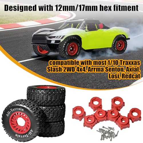 1/10 RC Short Course Truck Wheel Tires Set- 12mm/17mm Hex, Red | All-Terrain Tires and Nylon Wheels Compatible with 1/10 Traxxas Slash 4WD 2WD Arrma Senton Axial Losi Redcat RC Buggy, 4-Pack - color: Red