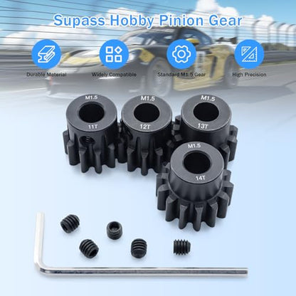 M1.5 Pinion Gear 11T 12T 13T 14T 8mm Shaft Steel Motor Gear Set for 1/5 1/6 1/7 1/8 1/10 Tra-xxas Arrma HSP HPI AXIAL LOSI RC Car Brushed Brushless Motor - size: 11T 12T 13T 14T