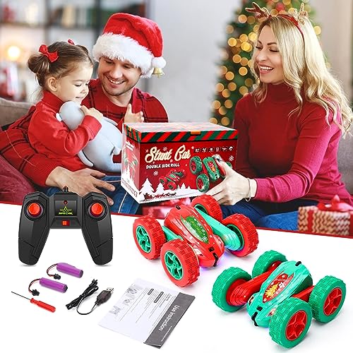 2Pcs Christmas Style RC Stunt Car for Kids,2.4Ghz High Speed Rock Crawler Vehicle,360 Rotating 4WD Off Road Double Sided Rotating Tumbling with 4 Rechargeable Battery，Red+Green