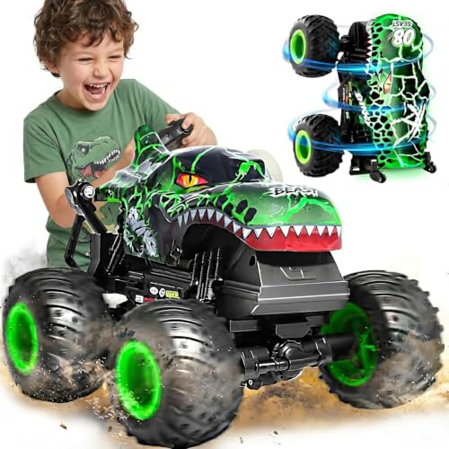 Remote Control Dinosaur Car for Boys 4-7 8-12, Sturdy 1:20 Scale RC Monster Truck with LED Lights & Roaring Sound, 2.4GHz All Terrain Off Road Toy Vehicle, Birthday Easter Gifts for Kids